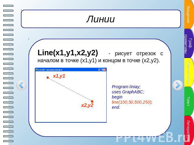 Линии Line(x1,y1,x2,y2) - рисует отрезок с началом в точке (x1,y1) и концом в точке (x2,y2). Program liniay; uses GraphABC;begin line(100,50,500,250);end.