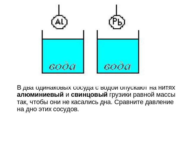 В два цилиндрических сосуда имеющих разную площадь дна налили воду до одинакового уровня см рисунок