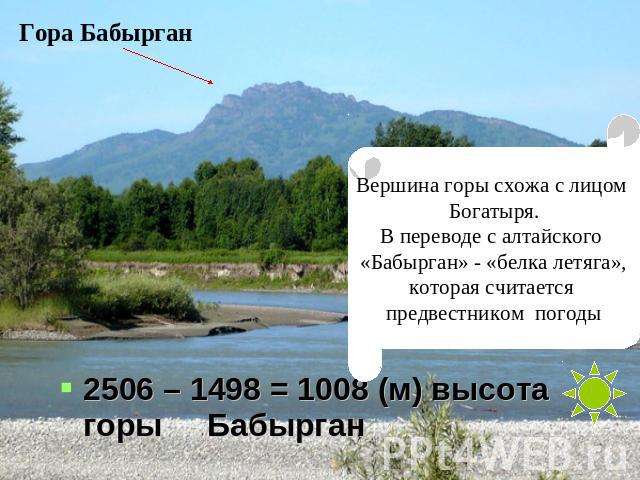 Гора Бабырган Вершина горы схожа с лицом Богатыря.В переводе с алтайского «Бабырган» - «белка летяга»,которая считается предвестником погоды 2506 – 1498 = 1008 (м) высота горы Бабырган