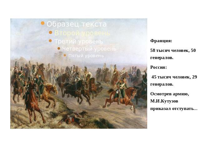 Потери в Бородинском сражении: Франция: 58 тысяч человек, 50 генералов.Россия: 45 тысяч человек, 29 генералов.Осмотрев армию, М.И.Кутузов приказал отступать…
