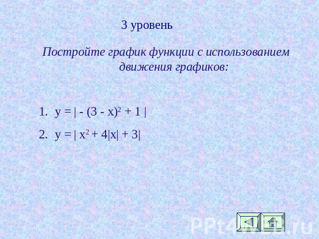 Постройте график функции с использованием движения графиков:y = | - (3 - x)2 + 1 | y = | x2 + 4|х| + 3|