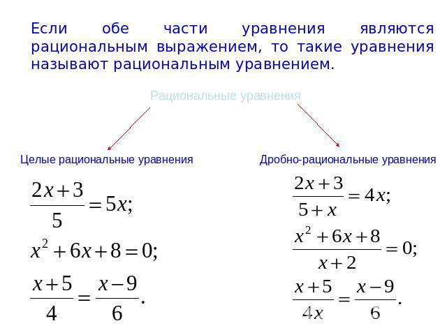 Если обе части уравнения являются рациональным выражением, то такие уравнения называют рациональным уравнением. Рациональные уравнения Целые рациональные уравнения Дробно-рациональные уравнения