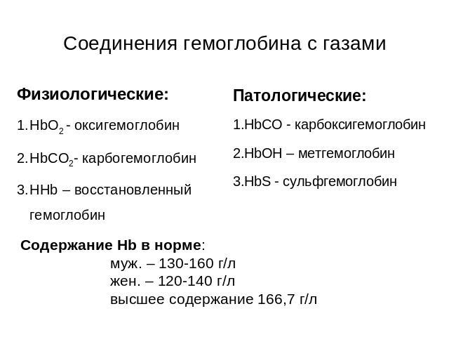 Соединения гемоглобина с газами Физиологические:HbO2 - оксигемоглобинHbCO2- карбогемоглобинHHb – восстановленный гемоглобин Патологические:HbCO - карбоксигемоглобинHbOH – метгемоглобинHbS - сульфгемоглобин Содержание Hb в норме: муж. – 130-160 г/лже…