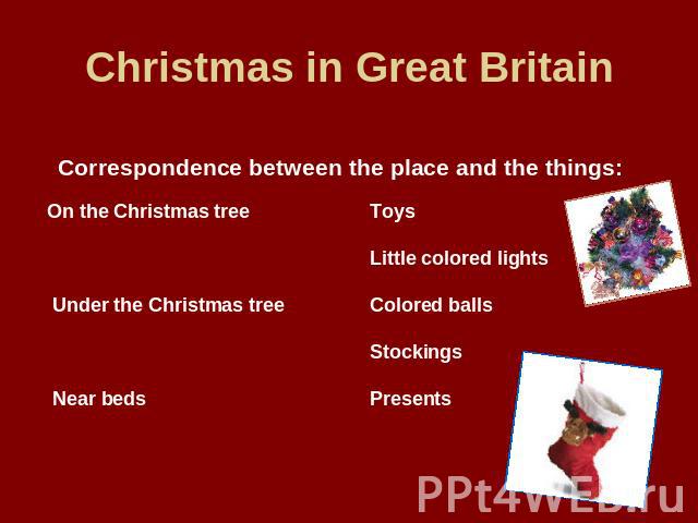 Christmas in Great Britain Correspondence between the place and the things:On the Christmas treeToysLittle colored lights Under the Christmas tree Colored balls Stockings Near beds Presents