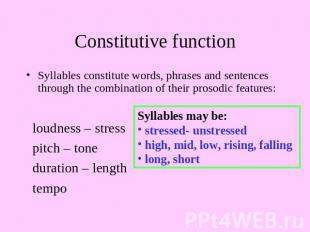 Constitutive function Syllables constitute words, phrases and sentences through