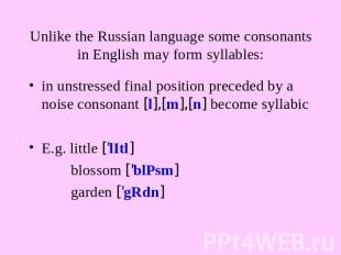 Unlike the Russian language some consonants in English may form syllables: in un