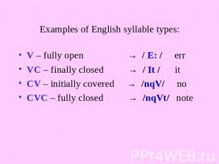 Examples of English syllable types: V – fully open → / E: / errVC – finally clos