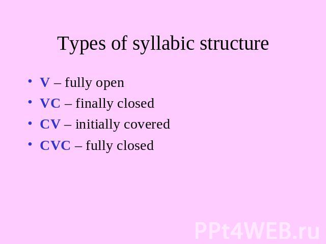 Types of syllabic structure V – fully openVC – finally closedCV – initially coveredCVC – fully closed