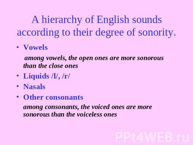A hierarchy of English sounds according to their degree of sonority. Vowels among vowels, the open ones are more sonorous than the close onesLiquids /l/, /r/NasalsOther consonants among consonants, the voiced ones are more sonorous than the voiceless ones