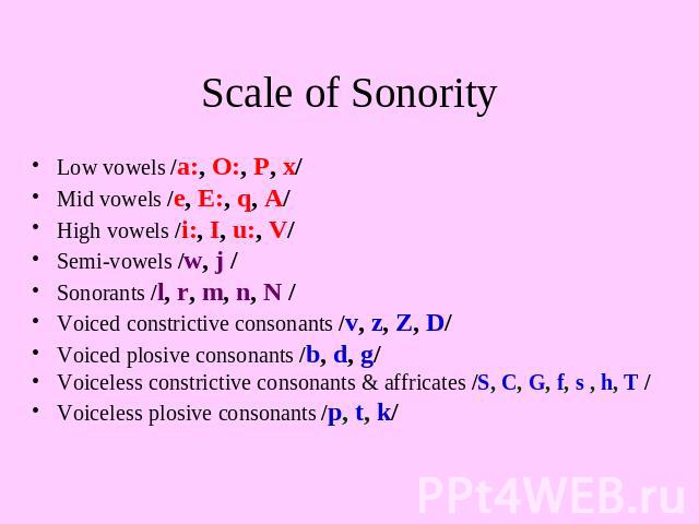 Scale of Sonority Low vowels /a:, O:, P, x/Mid vowels /e, E:, q, A/High vowels /i:, I, u:, V/Semi-vowels /w, j /Sonorants /l, r, m, n, N /Voiced constrictive consonants /v, z, Z, D/Voiced plosive consonants /b, d, g/Voiceless constrictive consonants…