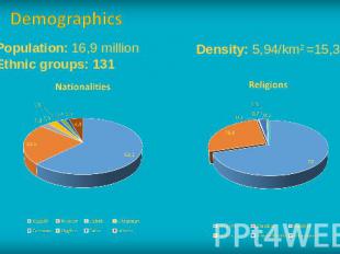 Demographics Population: 16,9 millionEthnic groups: 131 Density: 5,94/km2 =15,39