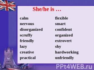 She/he is … calm nervous disorganized scruffy friendly lazy creative practical f