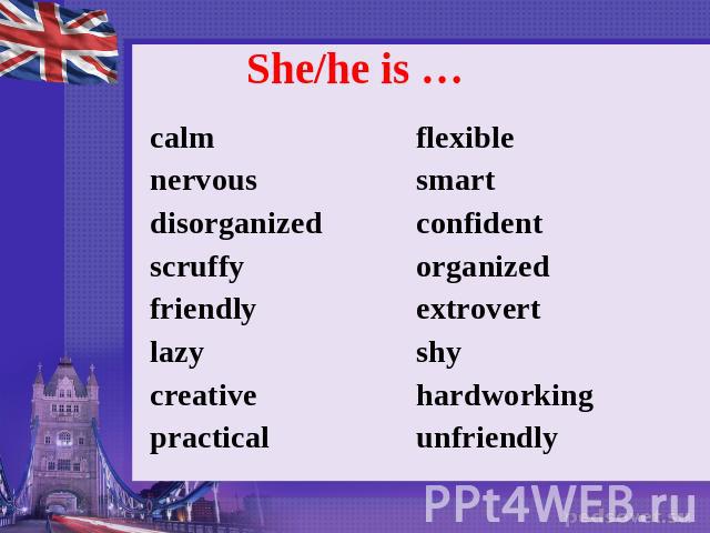 She/he is … calm nervous disorganized scruffy friendly lazy creative practical flexible smart confident organized extrovert shy hardworking unfriendly