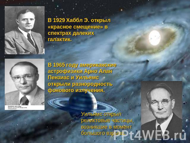 В 1929 Хаббл Э. открыл «красное смещение» в спектрах далеких галактик. В 1965 году американские астрофизики Арно Алан Пензиас и Уильямс открыли разнородность фонового излучения. Уильямс открыл реликтовые частицы, возникшие в момент большого взрыва.