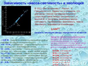 Зависимость «масса-светимость» и эволюция В 1911–24гг астрономы Г. Рассел, Э. Ге