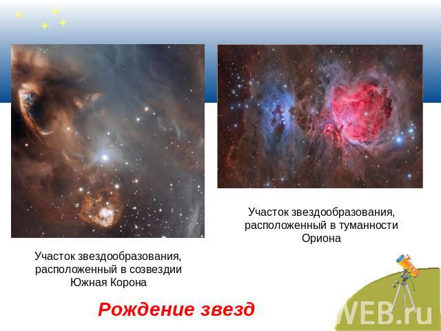 Участок звездообразования, расположенный в созвездии Южная Корона Участок звездообразования, расположенный в туманности Ориона Рождение звезд