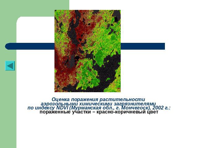 Оценка поражения растительности аэрозольными химическими загрязнителями по индексу NDVI (Мурманская обл., г. Мончегоск), 2002 г.:пораженные участки – красно-коричневый цвет
