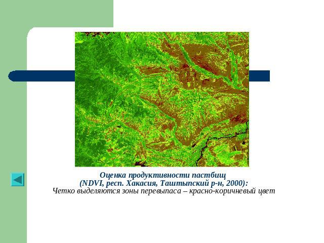 Оценка продуктивности пастбищ (NDVI, респ. Хакасия, Таштыпский р-н, 2000):Четко выделяются зоны перевыпаса – красно-коричневый цвет