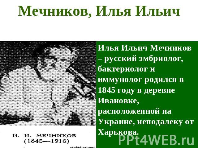 Мечников, Илья Ильич Илья Ильич Мечников – русский эмбриолог, бактериолог и иммунолог родился в 1845 году в деревне Ивановке, расположенной на Украине, неподалеку от Харькова.
