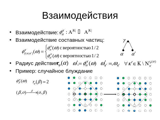 Взаимодействия Взаимодействие: Взаимодействие составных частиц:Радиус действия: , ,Пример: случайное блуждание