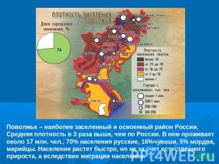 Поволжье – наиболее заселенный и освоенный район России.Средняя плотность в 3 ра