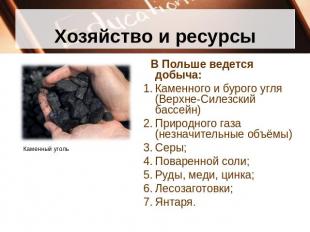 Хозяйство и ресурсы В Польше ведется добыча:Каменного и бурого угля (Верхне-Силе