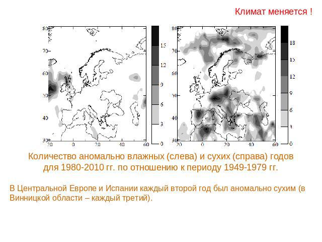 Климат меняется ! Количество аномально влажных (слева) и сухих (справа) годовдля 1980-2010 гг. по отношению к периоду 1949-1979 гг.В Центральной Европе и Испании каждый второй год был аномально сухим (в Винницкой области – каждый третий).