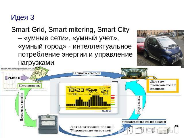 Smart Grid, Smart mitering, Smart City – «умные сети», «умный учет», «умный город» - интеллектуальное потребление энергии и управление нагрузками