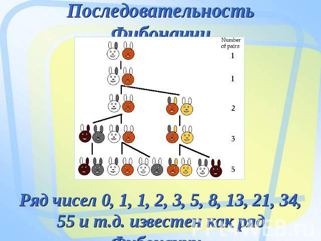 Последовательность Фибоначчи Ряд чисел 0, 1, 1, 2, 3, 5, 8, 13, 21, 34, 55 и т.д. известен как ряд Фибоначчи.