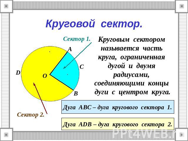 Круговой сектор. Круговым сектором называется часть круга, ограниченная дугой и двумя радиусами, соединяющими концы дуги с центром круга. Дуга АВС – дуга кругового сектора 1. Дуга АDВ – дуга кругового сектора 2.