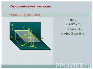 Горизонтальная плоскость АВС||П1 А1В1С1=| АВС| llП1 АВС∈; АВС ll П1 АВС ll А1В1С