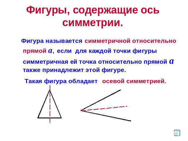 Фигуры, содержащие ось симметрии. Фигура называется симметричной относительно прямой а, если для каждой точки фигуры симметричная ей точка относительно прямой а также принадлежит этой фигуре. Такая фигура обладает осевой симметрией.