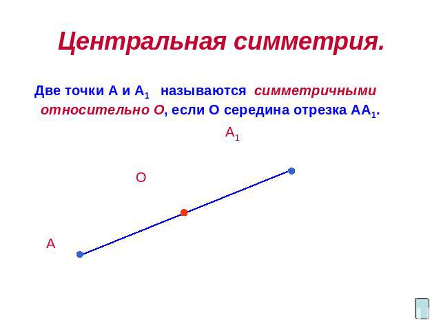Центральная симметрия. Две точки А и А1 называются симметричными относительно О, если О середина отрезка АА1. А1 О А