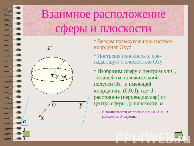 Взаимное расположение сферы и плоскости Введем прямоугольную систему координат Oxyz Построим плоскость α, сов-падающую с плоскостью Оху Изобразим сферу с центром в т.С, лежащей на положительной полуоси Oz и имеющей координаты (0;0;d), где d - рассто…