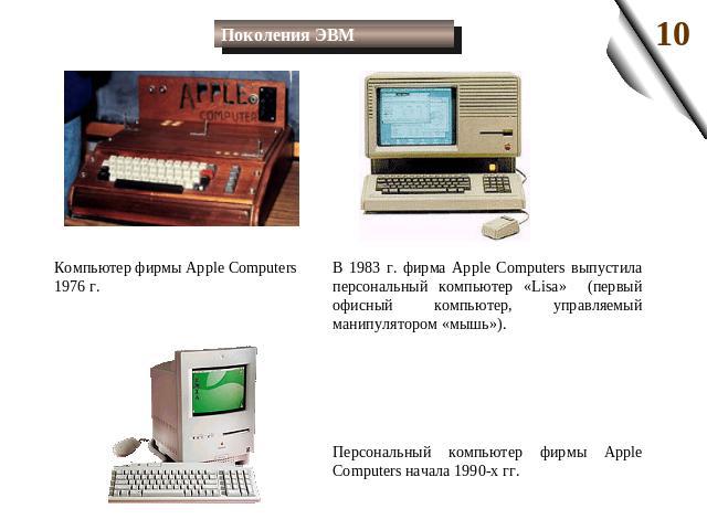Поколения ЭВМ Компьютер фирмы Apple Computers 1976 г. В 1983 г. фирма Apple Computers выпустила персональный компьютер «Lisa» (первый офисный компьютер, управляемый манипулятором «мышь»). Персональный компьютер фирмы Apple Computers начала 1990-х гг.