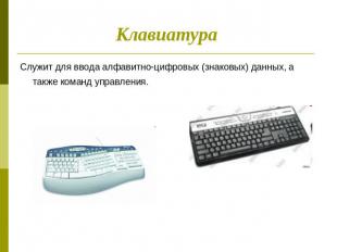 Клавиатура Служит для ввода алфавитно-цифровых (знаковых) данных, а также команд