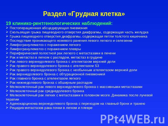 Раздел «Грудная клетка» 19 клинико-рентгенологических наблюдений: Постоперационная абсцедирующая пневмония Скользящая грыжа пищеводного отверстия диафрагмы, содержащая часть желудка Грыжа пищеводного отверстия диафрагмы, содержащая петли толстого ки…