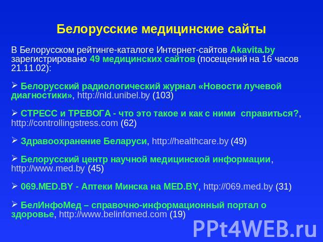 Белорусские медицинские сайты В Белорусском рейтинге-каталоге Интернет-сайтов Akavita.by зарегистрировано 49 медицинских сайтов (посещений на 16 часов 21.11.02): Белорусский радиологический журнал «Новости лучевой диагностики», http://nld.unibel.by …