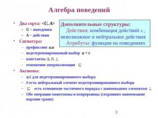 Алгебра поведений Два сорта: U – поведенияA – действияСигнатура:префиксинг a.uне
