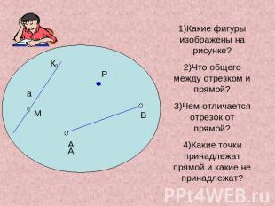 1)Какие фигуры изображены на рисунке?2)Что общего между отрезком и прямой?3)Чем