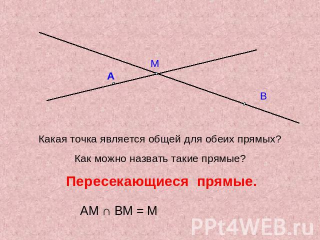 Какая точка является общей для обеих прямых?Как можно назвать такие прямые? Пересекающиеся прямые. АМ ∩ ВМ = М