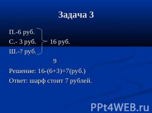 Задача 3 П.-6 руб.С.- 3 руб. 16 руб.Ш.-? руб. 9Решение: 16-(6+3)=7(руб.)Ответ: ш