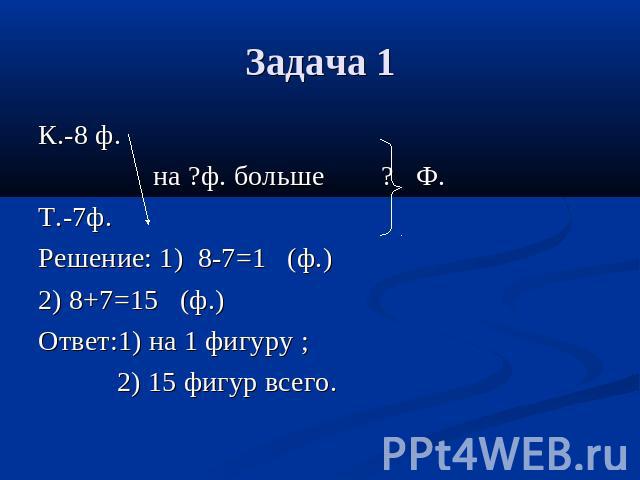 Задача 1 К.-8 ф. на ?ф. больше ? Ф.Т.-7ф.Решение: 1) 8-7=1 (ф.)2) 8+7=15 (ф.)Ответ:1) на 1 фигуру ; 2) 15 фигур всего.
