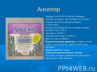 Ангилор Состав: 5 мл (6,500 г) сиропа содержит:жидкого экстракта лист шалфея (1: