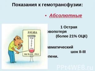 Показания к гемотрансфузии: Абсолютные 1 Острая кровопотеря (более 21% ОЦК) 2 Тр