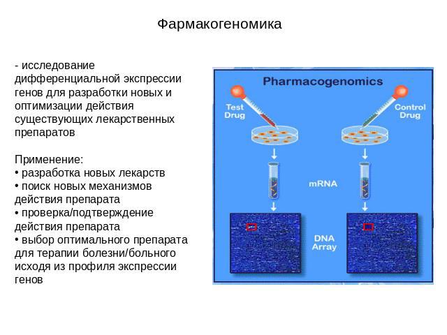 Фармакогеномика - исследование дифференциальной экспрессии генов для разработки новых и оптимизации действия существующих лекарственных препаратовПрименение: разработка новых лекарств поиск новых механизмов действия препарата проверка/подтверждение …