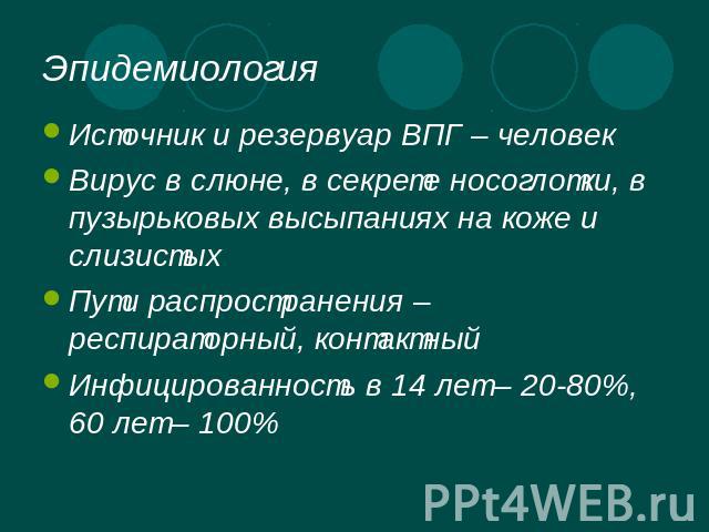 Эпидемиология Источник и резервуар ВПГ – человекВирус в слюне, в секрете носоглотки, в пузырьковых высыпаниях на коже и слизистыхПути распространения – респираторный, контактныйИнфицированность в 14 лет – 20-80%, 60 лет – 100%