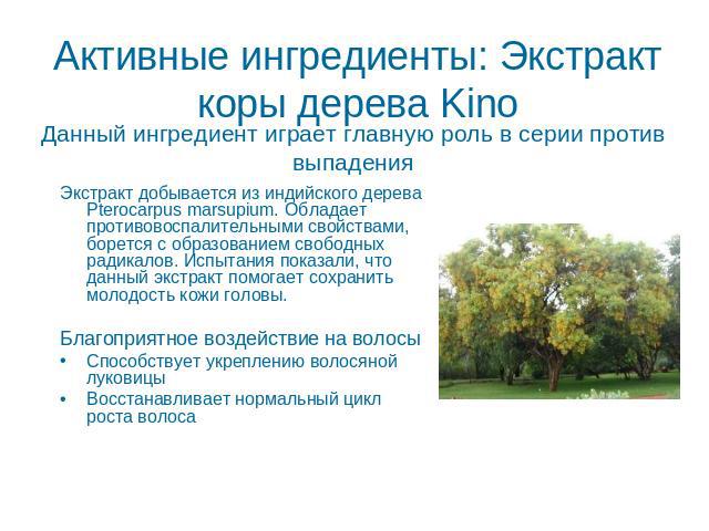 Активные ингредиенты: Экстракт коры дерева Kino Данный ингредиент играет главную роль в серии против выпадения Экстракт добывается из индийского дерева Pterocarpus marsupium. Обладает противовоспалительными свойствами, борется с образованием свободн…