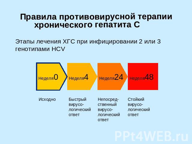Правила противовирусной терапии хронического гепатита С Этапы лечения ХГС при инфицировании 2 или 3 генотипами HCV Исходно Быстрый вирусо-логический ответ Непосред-ственный вирусо-логический ответ Стойкий вирусо-логический ответ
