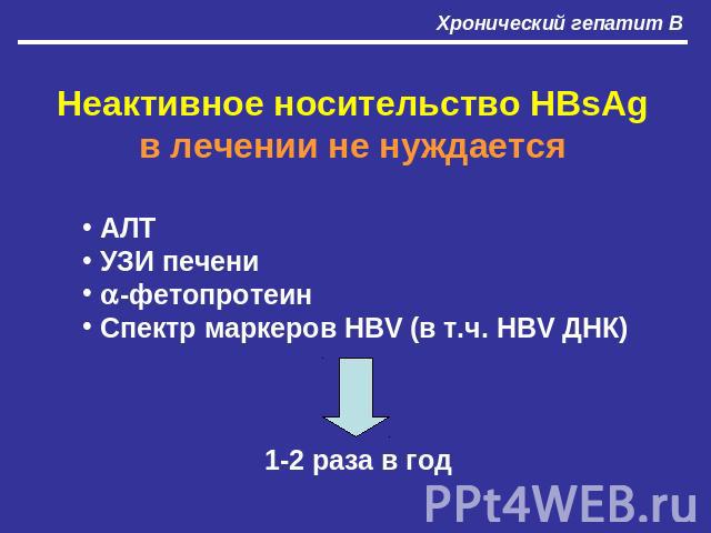 Неактивное носительство HBsAgв лечении не нуждается АЛТ УЗИ печени -фетопротеин Спектр маркеров HBV (в т.ч. HBV ДНК)1-2 раза в год